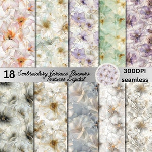 18 Várias flores sem costura papel digital, Vintage Chic Floral Seamless Pattern, Shabby Chic, Floral Collage Paper Pack, Junk Journal Kit