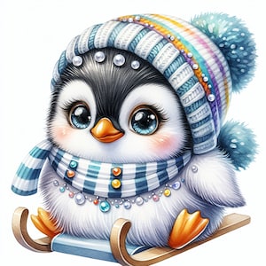 May include: A cute cartoon penguin wearing a blue and white striped scarf and a blue, white, and orange striped hat with a blue pom-pom. The penguin is sitting on a wooden sled.