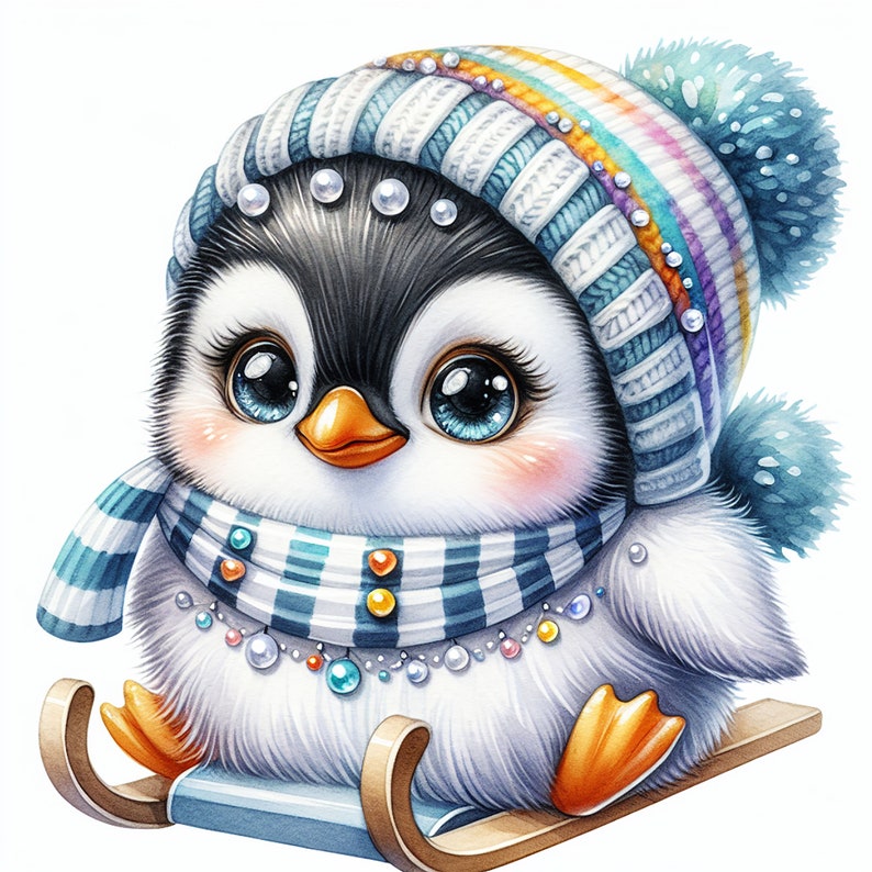 May include: A cute cartoon penguin wearing a blue and white striped scarf and a blue, white, and orange striped hat with a blue pom-pom. The penguin is sitting on a wooden sled.