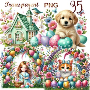 May include: A digital illustration of an Easter scene featuring a green house, a golden retriever puppy, a cat, a girl, and colourful Easter eggs. The scene is surrounded by flowers and greenery.