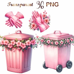May include: Two pink trash cans with lids, one with wheels, decorated with pink flowers and green leaves.  The text "Transparent 36 PNG" is visible at the top of the image.