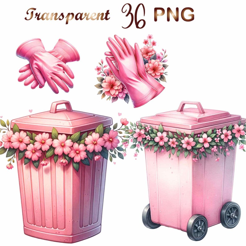May include: Two pink trash cans with lids, one with wheels, decorated with pink flowers and green leaves.  The text "Transparent 36 PNG" is visible at the top of the image.