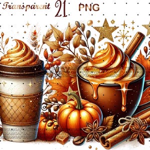May include: A digital illustration of two mugs of coffee with whipped cream and caramel drizzle, surrounded by fall foliage, pumpkins, cinnamon sticks, and star-shaped sprinkles.