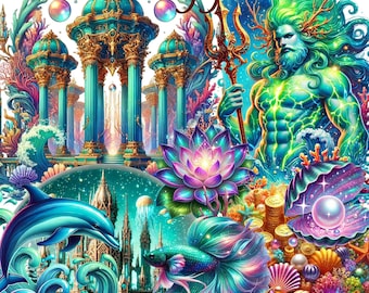 55 PNG Mythical Atlantis Clipart Bundle, Fantasy Ocean Illustrations Designs, Instant Digital Download, Unlimited Commercial Use