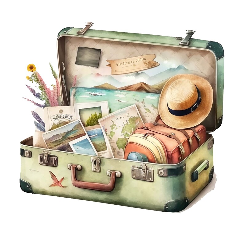 May include: A vintage green suitcase with a brown leather strap and a straw hat inside. The suitcase is open and filled with maps, postcards, and other travel items. The text "MILL TAILAE COASTAL" is visible on the suitcase.