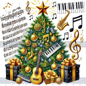 May include: A Christmas tree decorated with gold ornaments, musical notes, and a guitar. The tree is topped with a gold star. There are also presents wrapped in black and gold paper under the tree.