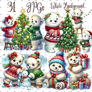 31  JPG, Christmas Polar Bear Clipart bundle, Polar Bear Clip art, Cute Polar Bear clipart, Polar Bear PNG, Digital Download, Commercial Use