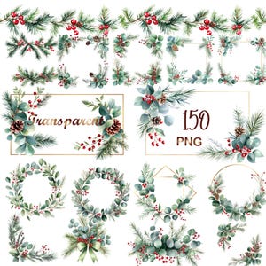 May include: A collection of watercolour illustrations featuring Christmas and winter greenery. Designs include wreaths, borders, and corner elements with pine needles, red berries, pine cones, and eucalyptus leaves. The word "Transparent" and the text "150 PNG" are visible.