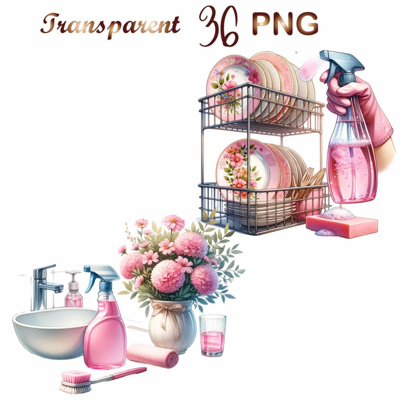 May include: A pink floral bouquet in a white vase, a pink spray bottle, a white sink, a pink and white striped towel, a pink and white brush, and a glass of pink liquid.  The image also includes a two-tiered metal dish rack with pink and white floral patterned plates.