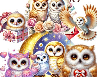 Valentine Owls Clipart Set 48 PNG, Romantic Couple Owls, Woodland Printables, Instant Digital Download, Unlimited Commercial Use Crafts