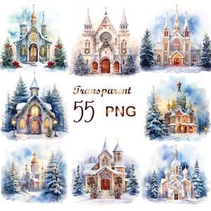 55 PNG, lot de clipart église aquarelle, lot de cliparts Noël, clipart église hiver, église festive couverte de neige, usage commercial