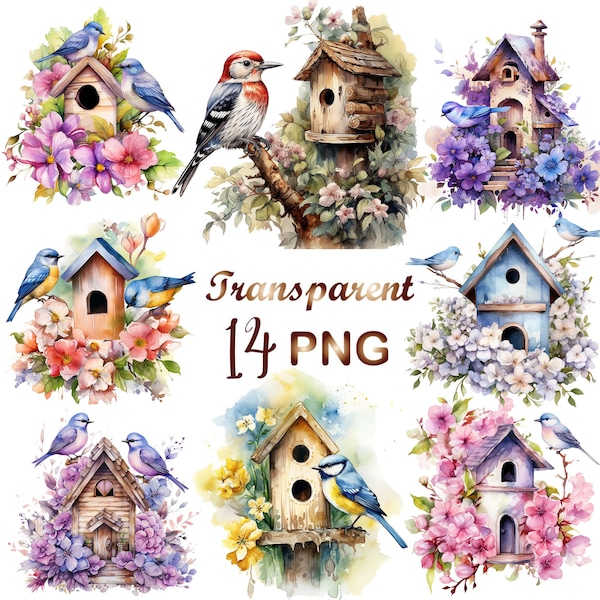 14 Bird Houses Clipart,PNG,Watercolor Spring landscape clipart,Cute birdhouses and blossoms,Scenery Clip art,Commercial Use,Digital Download