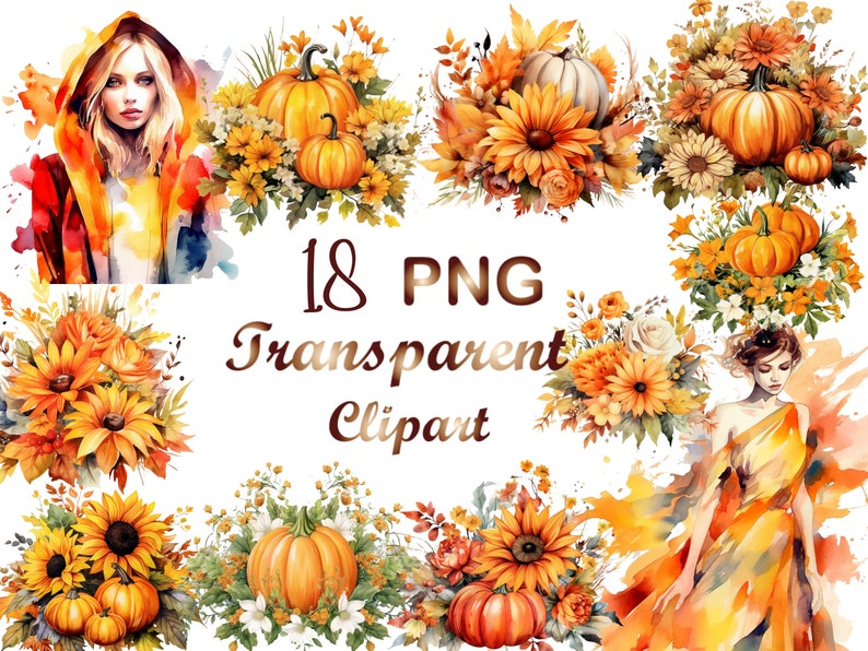 May include: Watercolor digital art featuring fall-themed elements. The image includes pumpkins, sunflowers, and floral arrangements in shades of orange, yellow, and white. The text "18 PNG Transparent Clipart" is also present.