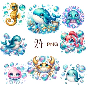 24 PNG, Watercolor Underwater Ocean Animals Clipart, Turtle Dolphin Whale Seahorse Clipart, Sublimation Design, Digital Download