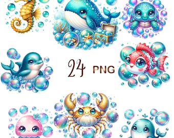 24 PNG, Watercolor Underwater Ocean Animals Clipart, Turtle Dolphin Whale Seahorse Clipart, Sublimation Design, Digital Download