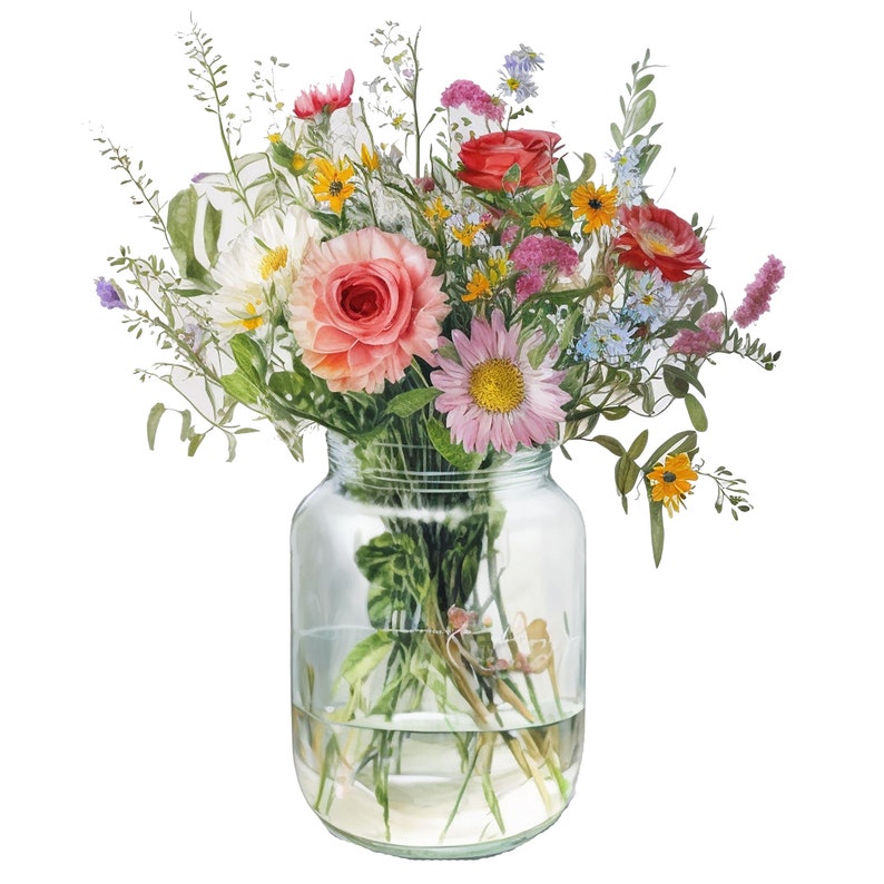 May include: A glass jar filled with a bouquet of colorful wildflowers, including pink, red, white, and yellow flowers. The jar is clear and has a textured surface.