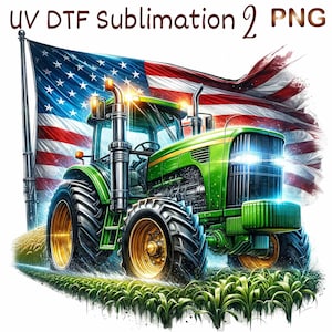 May include: A green tractor with a large American flag behind it. The tractor is in a field of green grass. The tractor has a large front tire and a smaller back tire. The tractor is a John Deere.