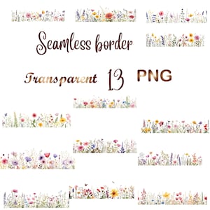 Peut inclure: Treize bordures florales sans couture dans un style aquarelle. Les bordures pr&eacute;sentent une vari&eacute;t&eacute; de fleurs dans des tons de rose, violet, jaune, bleu et rouge. Le texte "Bordure sans couture" et "Transparent 13 PNG" est inclus dans l'image.