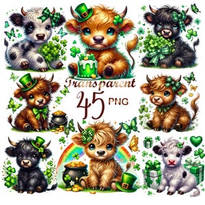 May include: A collection of nine cartoon Highland cows, each adorned with St. Patrick's Day themed accessories. The cows feature green bow ties, shamrocks, and leprechaun hats. The image includes a rainbow, pots of gold, and the text "Transparent 45 PNG".