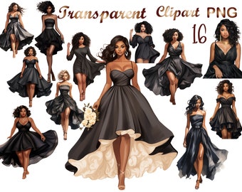 16 Black Woman clipart, Bridesmaid clipart, Prom Black girl clipart, Women of Color clipart,clipart for Planner Sticker, black dress clipart