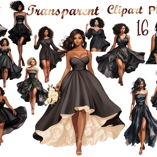 16 Black Woman clipart, Bridesmaid clipart, Prom Black girl clipart, Women of Color clipart,clipart for Planner Sticker, black dress clipart