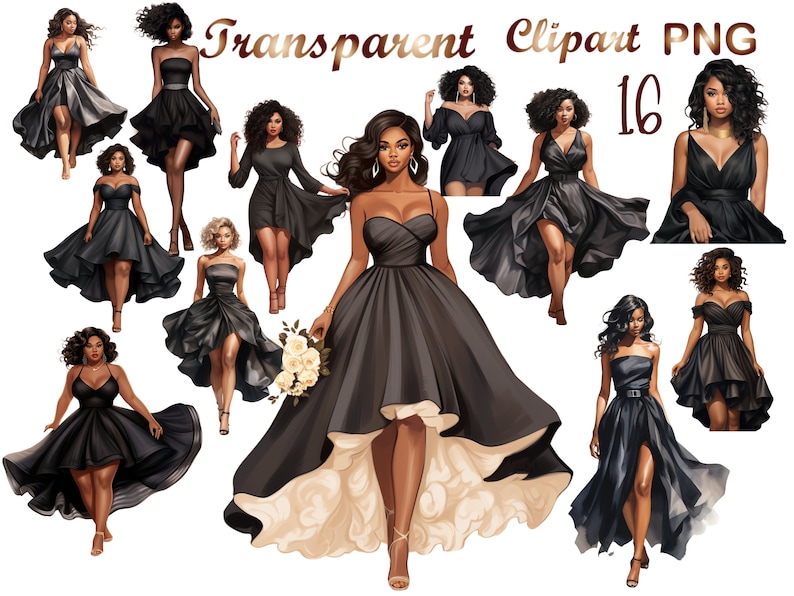 16 Black Woman clipart, Bridesmaid clipart, Prom Black girl clipart, Women of Color clipart,clipart for Planner Sticker, black dress clipart image 1