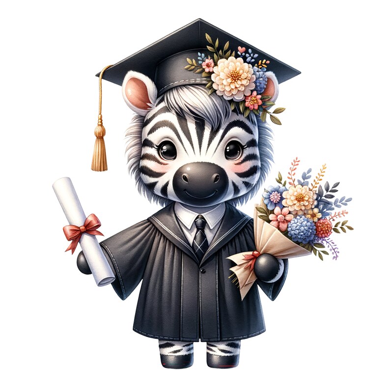 May include: A zebra wearing a black graduation cap and gown, holding a diploma and a bouquet of flowers. The zebra has a black and white striped pattern and a floral headband.