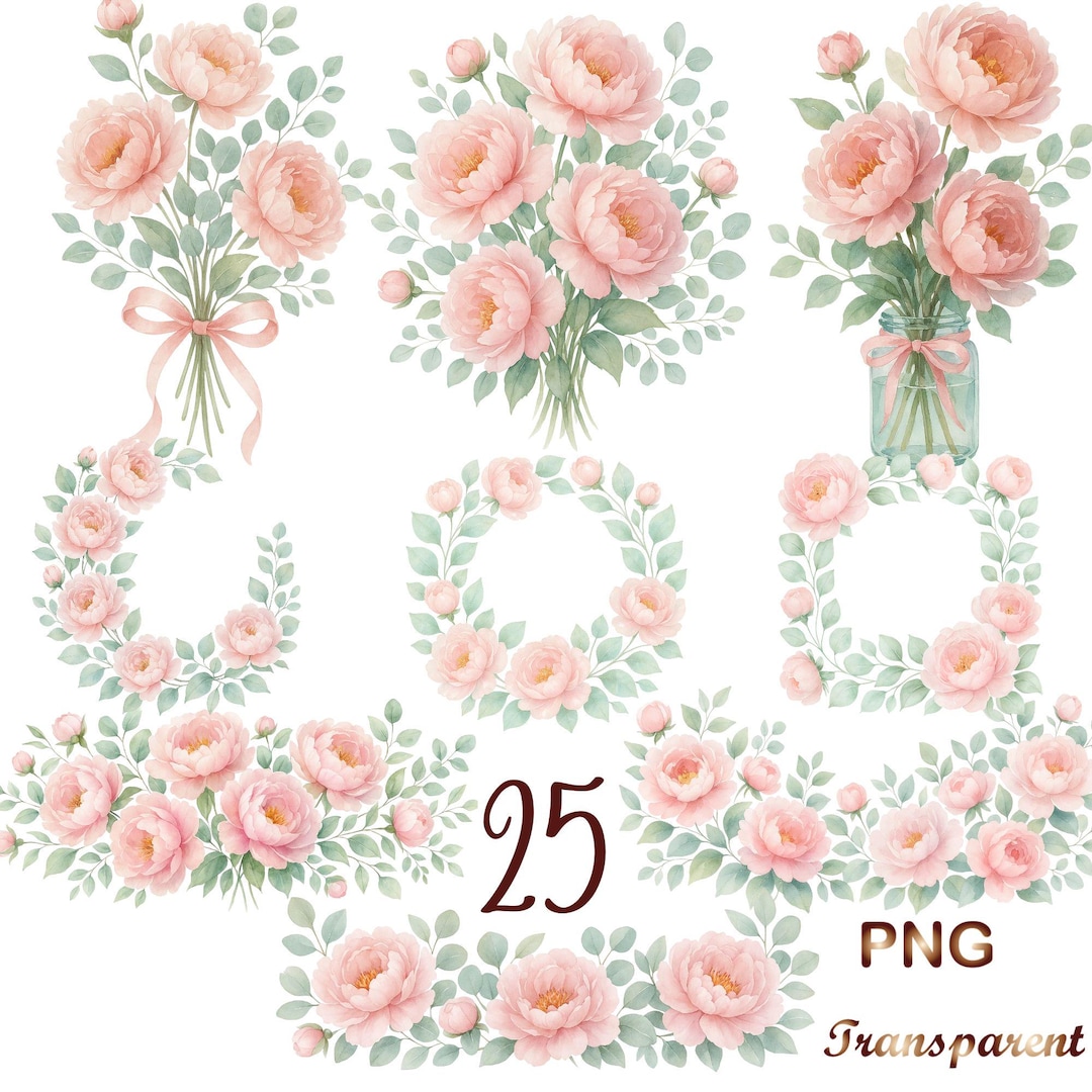 25 PNG Watercolor Pastel Blush Pink Peony Clipart Bundle, Floral ...