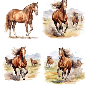May include: A watercolor painting of four brown horses running in a field. The horses are all running in the same direction, and the painting is done in a realistic style.