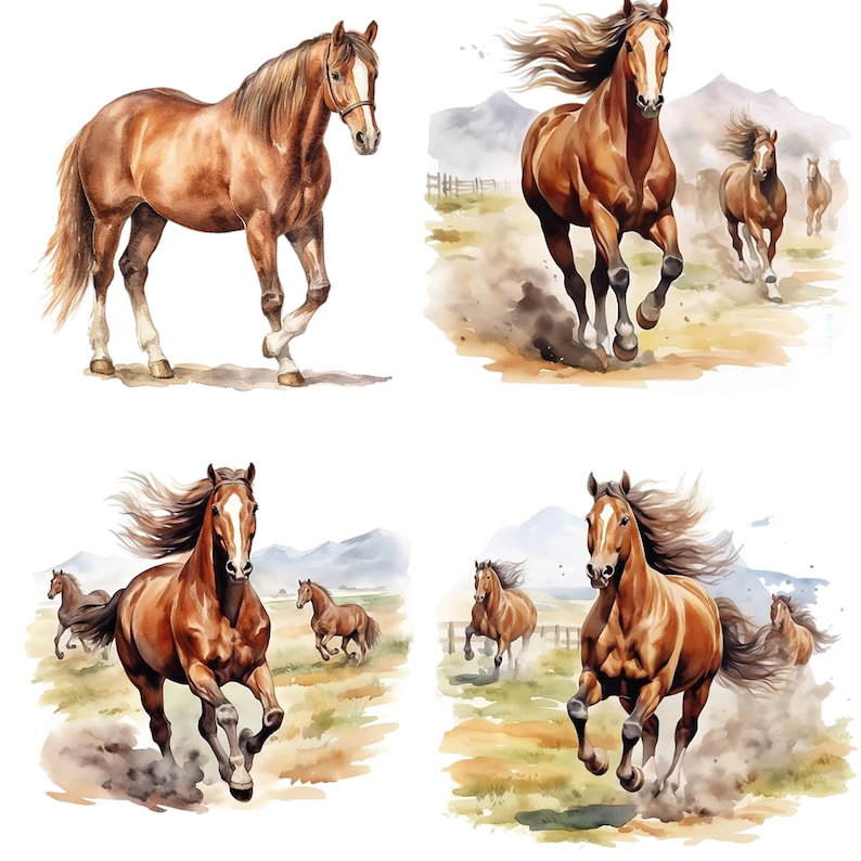 May include: A watercolor painting of four brown horses running in a field. The horses are all running in the same direction, and the painting is done in a realistic style.