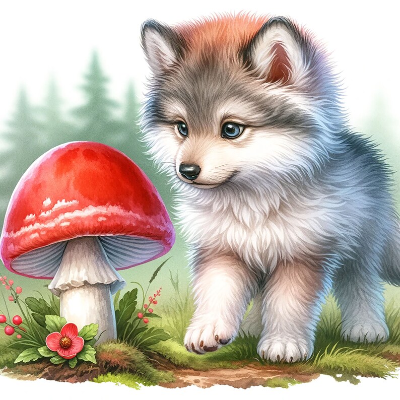Puede incluir: Un cachorro de lobo gris y blanco esponjoso con ojos azules mira un hongo rojo y blanco. El hongo tiene un tallo blanco y un sombrero rojo con rayas blancas.