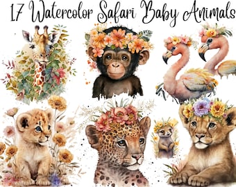17 Safari Baby Animals Watercolor Clipart, JPGs, Digital crafting, Paper crafts, Cute clipart,Instant download,commercial use,safari clipart