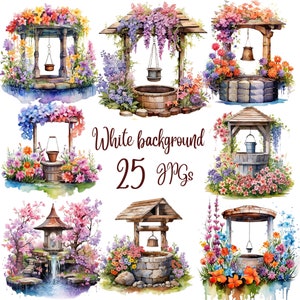 25 Water Well Clipart PNGs, Watercolor Spring Wells Clipart, Nursery Art,Digital Download,Card Making,Water Well Clipart,Digital Paper Craft