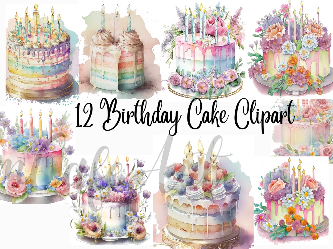 12 Jpgs, Watercolor Colourful Birthday Cake Clipart, Digital Planner ...