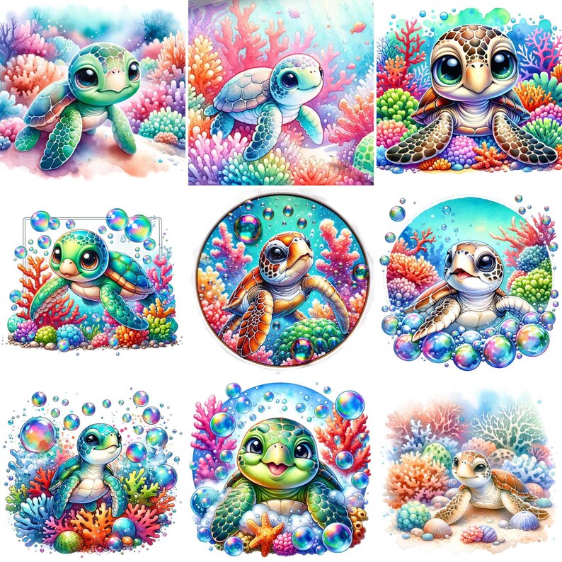May include: Nine digital illustrations of cartoon sea turtles in various poses, surrounded by colorful coral reefs and bubbles. The turtles have large, expressive eyes and are depicted in a whimsical style.