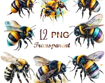 12 PNGs Watercolor Bumblebee Clipart Bundle, bee clipart, Watercolor Bee Clipart png, honey bee png,bee art, Commercial Use,Digital Download