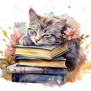 14 Watercolor Cute Kittens Sleeping on Stack of Books Clipart, JPGs, Watercolor Clipart JPGs, Commercial Use,Digital Download, Digital Craft