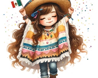 Puede incluir: Una niña pequeña con un poncho colorido y un sombrero de paja con una bandera mexicana. Está sonriendo y tiene los brazos levantados en el aire. Hay confeti cayendo a su alrededor.