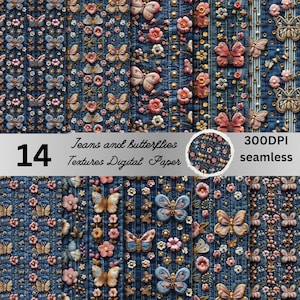 14 Seamless Jeans und Schmetterlinge Digital Papier, Jeans und Schmetterlinge digitale Papiere, Jeans Hintergrund, Backdrop, Junk Journal, Scrapbooking