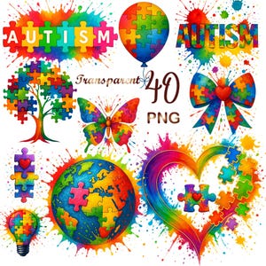May include: A set of 40 digital clipart images featuring colorful watercolor illustrations of puzzle pieces, hearts, butterflies, and a globe. The images are on a white background with colorful watercolor splatters. The text "Autism" appears in the image.