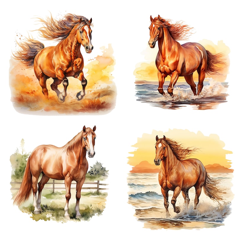 May include: Four watercolor paintings of brown horses running in different settings. The first horse is running through a field, the second is running through water, the third is running through a field, and the fourth is running through water.