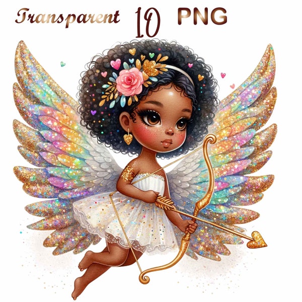 10 PNG Watercolor Valentine's Day Black Cupid Clipart, African American Cupids, Illustrations Clip art, Black Angels Png Sublimation