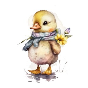 May include: A cute yellow duckling wearing a blue and white checkered scarf and yellow boots, holding a yellow flower and a purple bud.