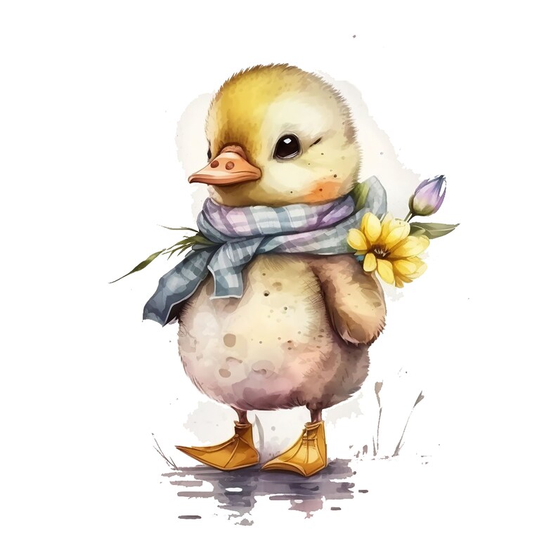 May include: A cute yellow duckling wearing a blue and white checkered scarf and yellow boots, holding a yellow flower and a purple bud.