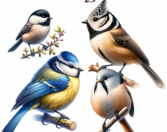 May include: Four different types of birds perched on branches. A bluebird with a yellow chest, a brown bird with a white and black head, a brown bird with a white and black head and a brown bird with a white and black head.
