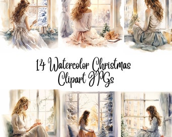 14 Watercolor Christmas  Clipart JPGs,Winter Porch house  window Clipart,Commercial USe,Digital Download,Christmas Clipart,Winter Clipart