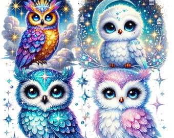 May include: Four digital illustrations of owls with sparkly, iridescent feathers. The owls are set against a dark blue background with stars and a crescent moon. The owls have large, blue eyes and are depicted in a whimsical style.