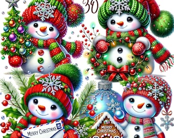 30 PNG Watercolor Snowman Cuteness Clipart Bundle, Christmas Holiday Digital Download Clipart, Snowman Clipart Bundle, Commercial Use