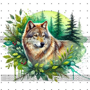 May include: A watercolor painting of a wolf in a forest setting. The wolf is brown and gray with a white chest and a green forest background. The wolf is surrounded by green leaves and red berries.