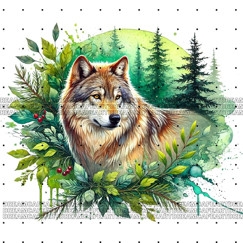 May include: A watercolor painting of a wolf in a forest setting. The wolf is brown and gray with a white chest and a green forest background. The wolf is surrounded by green leaves and red berries.